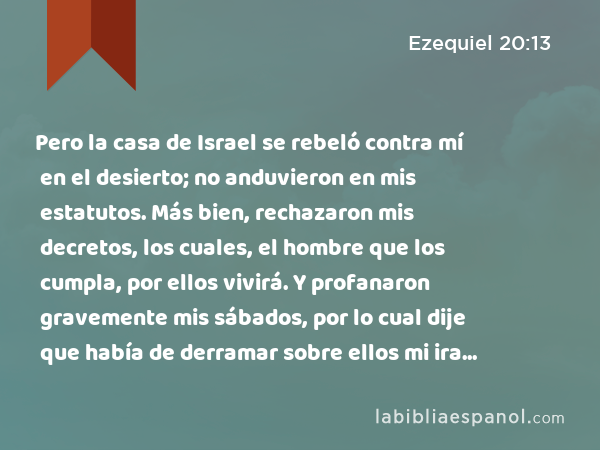 Pero la casa de Israel se rebeló contra mí en el desierto; no anduvieron en mis estatutos. Más bien, rechazaron mis decretos, los cuales, el hombre que los cumpla, por ellos vivirá. Y profanaron gravemente mis sábados, por lo cual dije que había de derramar sobre ellos mi ira en el desierto, para acabar con ellos. - Ezequiel 20:13