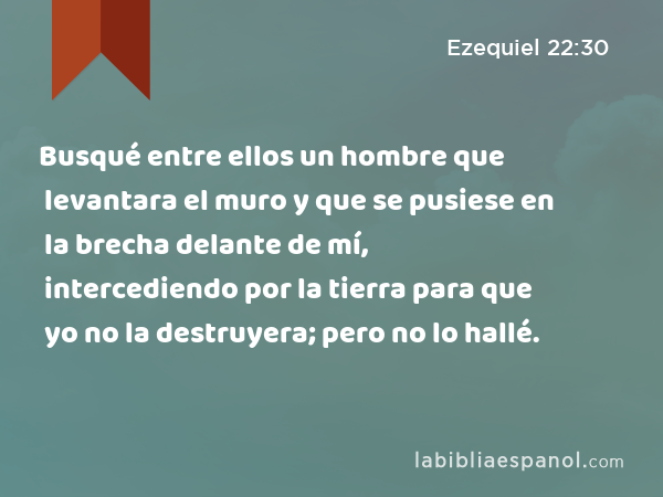 Busqué entre ellos un hombre que levantara el muro y que se pusiese en la brecha delante de mí, intercediendo por la tierra para que yo no la destruyera; pero no lo hallé. - Ezequiel 22:30