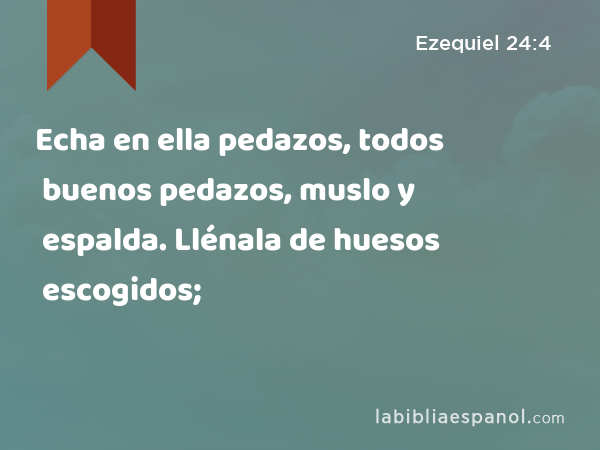 Echa en ella pedazos, todos buenos pedazos, muslo y espalda. Llénala de huesos escogidos; - Ezequiel 24:4