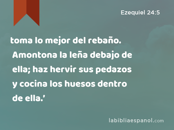 toma lo mejor del rebaño. Amontona la leña debajo de ella; haz hervir sus pedazos y cocina los huesos dentro de ella.’ - Ezequiel 24:5