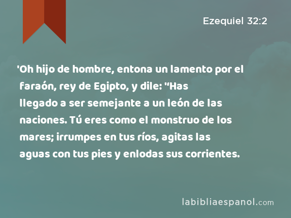 'Oh hijo de hombre, entona un lamento por el faraón, rey de Egipto, y dile: '‘Has llegado a ser semejante a un león de las naciones. Tú eres como el monstruo de los mares; irrumpes en tus ríos, agitas las aguas con tus pies y enlodas sus corrientes. - Ezequiel 32:2