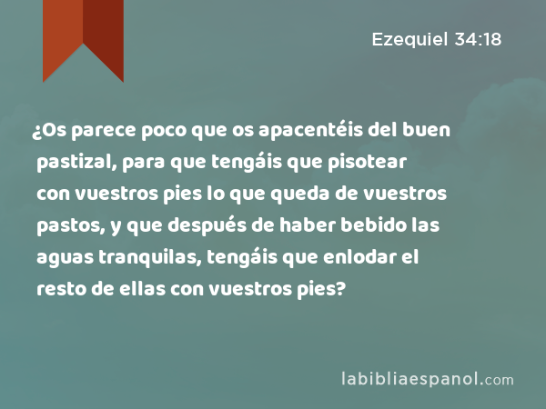 ¿Os parece poco que os apacentéis del buen pastizal, para que tengáis que pisotear con vuestros pies lo que queda de vuestros pastos, y que después de haber bebido las aguas tranquilas, tengáis que enlodar el resto de ellas con vuestros pies? - Ezequiel 34:18