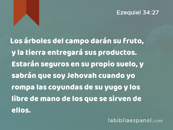 Los árboles del campo darán su fruto, y la tierra entregará sus productos. Estarán seguros en su propio suelo, y sabrán que soy Jehovah cuando yo rompa las coyundas de su yugo y los libre de mano de los que se sirven de ellos. - Ezequiel 34:27