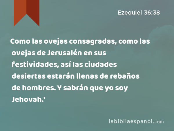 Como las ovejas consagradas, como las ovejas de Jerusalén en sus festividades, así las ciudades desiertas estarán llenas de rebaños de hombres. Y sabrán que yo soy Jehovah.' - Ezequiel 36:38