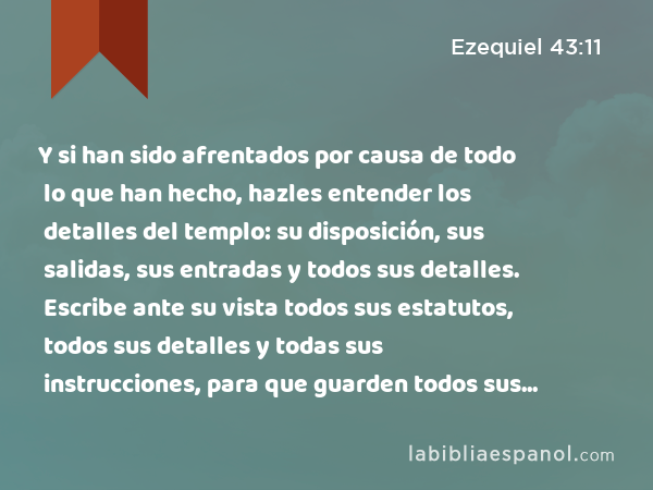 Y si han sido afrentados por causa de todo lo que han hecho, hazles entender los detalles del templo: su disposición, sus salidas, sus entradas y todos sus detalles. Escribe ante su vista todos sus estatutos, todos sus detalles y todas sus instrucciones, para que guarden todos sus detalles y todos sus estatutos y que los pongan por obra. - Ezequiel 43:11