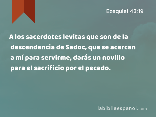 A los sacerdotes levitas que son de la descendencia de Sadoc, que se acercan a mí para servirme, darás un novillo para el sacrificio por el pecado. - Ezequiel 43:19