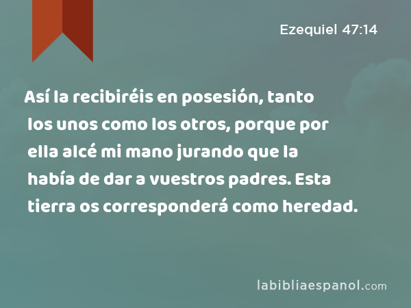 Así la recibiréis en posesión, tanto los unos como los otros, porque por ella alcé mi mano jurando que la había de dar a vuestros padres. Esta tierra os corresponderá como heredad. - Ezequiel 47:14