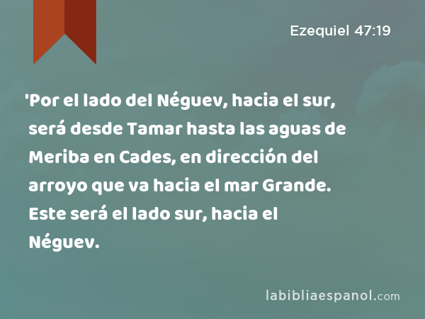 'Por el lado del Néguev, hacia el sur, será desde Tamar hasta las aguas de Meriba en Cades, en dirección del arroyo que va hacia el mar Grande. Este será el lado sur, hacia el Néguev. - Ezequiel 47:19