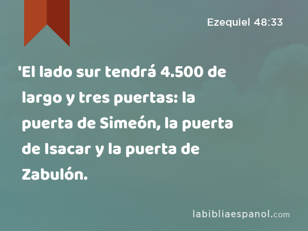 'El lado sur tendrá 4.500 de largo y tres puertas: la puerta de Simeón, la puerta de Isacar y la puerta de Zabulón. - Ezequiel 48:33