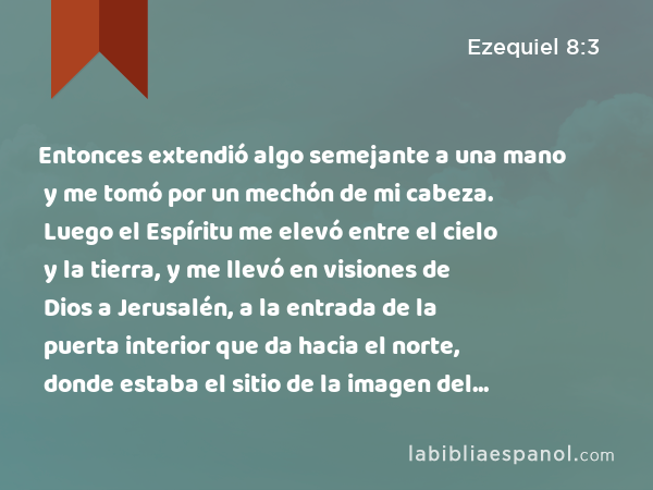 Entonces extendió algo semejante a una mano y me tomó por un mechón de mi cabeza. Luego el Espíritu me elevó entre el cielo y la tierra, y me llevó en visiones de Dios a Jerusalén, a la entrada de la puerta interior que da hacia el norte, donde estaba el sitio de la imagen del celo, la que provoca a celos. - Ezequiel 8:3