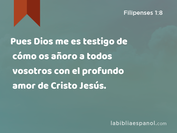 Pues Dios me es testigo de cómo os añoro a todos vosotros con el profundo amor de Cristo Jesús. - Filipenses 1:8