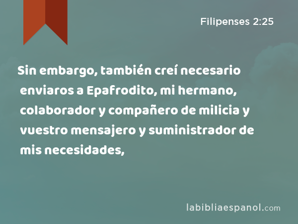 Sin embargo, también creí necesario enviaros a Epafrodito, mi hermano, colaborador y compañero de milicia y vuestro mensajero y suministrador de mis necesidades, - Filipenses 2:25