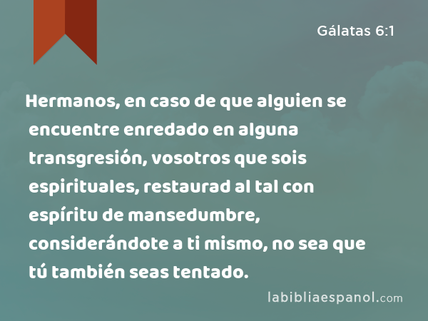 Hermanos, en caso de que alguien se encuentre enredado en alguna transgresión, vosotros que sois espirituales, restaurad al tal con espíritu de mansedumbre, considerándote a ti mismo, no sea que tú también seas tentado. - Gálatas 6:1