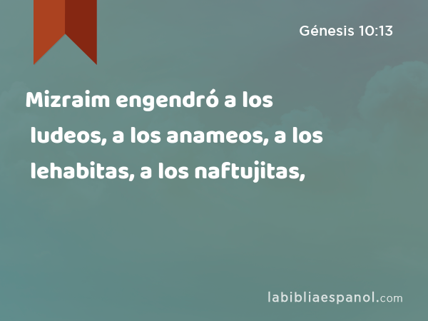 Mizraim engendró a los ludeos, a los anameos, a los lehabitas, a los naftujitas, - Génesis 10:13