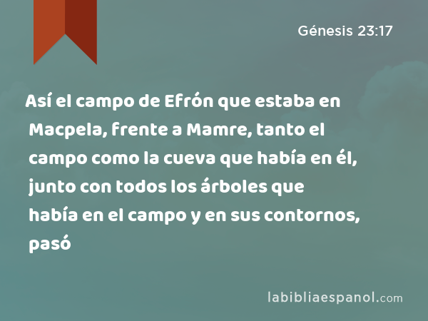 Así el campo de Efrón que estaba en Macpela, frente a Mamre, tanto el campo como la cueva que había en él, junto con todos los árboles que había en el campo y en sus contornos, pasó - Génesis 23:17