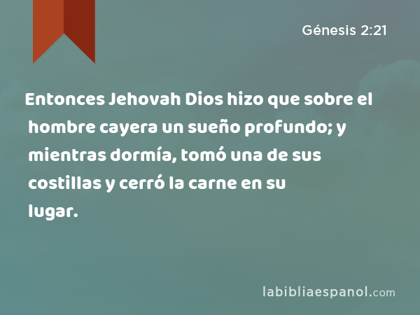 Entonces Jehovah Dios hizo que sobre el hombre cayera un sueño profundo; y mientras dormía, tomó una de sus costillas y cerró la carne en su lugar. - Génesis 2:21