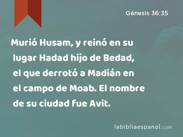 Murió Husam, y reinó en su lugar Hadad hijo de Bedad, el que derrotó a Madián en el campo de Moab. El nombre de su ciudad fue Avit. - Génesis 36:35