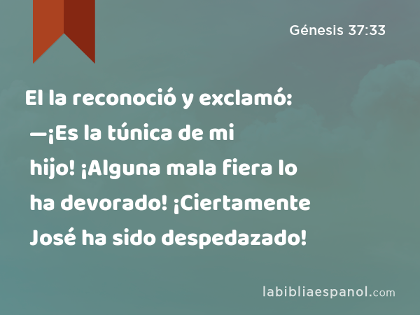 El la reconoció y exclamó: —¡Es la túnica de mi hijo! ¡Alguna mala fiera lo ha devorado! ¡Ciertamente José ha sido despedazado! - Génesis 37:33