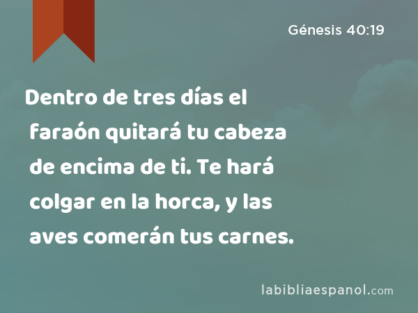 Dentro de tres días el faraón quitará tu cabeza de encima de ti. Te hará colgar en la horca, y las aves comerán tus carnes. - Génesis 40:19