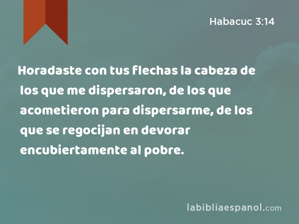 Horadaste con tus flechas la cabeza de los que me dispersaron, de los que acometieron para dispersarme, de los que se regocijan en devorar encubiertamente al pobre. - Habacuc 3:14