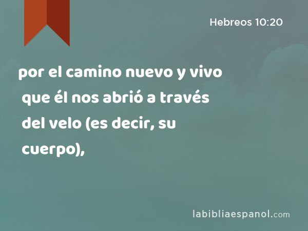 por el camino nuevo y vivo que él nos abrió a través del velo (es decir, su cuerpo), - Hebreos 10:20