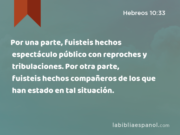 Por una parte, fuisteis hechos espectáculo público con reproches y tribulaciones. Por otra parte, fuisteis hechos compañeros de los que han estado en tal situación. - Hebreos 10:33