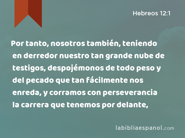 Por tanto, nosotros también, teniendo en derredor nuestro tan grande nube de testigos, despojémonos de todo peso y del pecado que tan fácilmente nos enreda, y corramos con perseverancia la carrera que tenemos por delante, - Hebreos 12:1