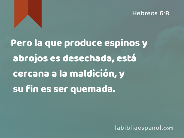 Pero la que produce espinos y abrojos es desechada, está cercana a la maldición, y su fin es ser quemada. - Hebreos 6:8