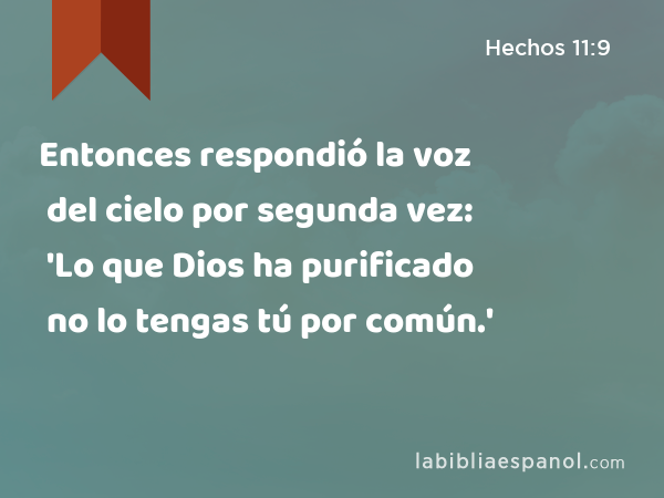 Entonces respondió la voz del cielo por segunda vez: 'Lo que Dios ha purificado no lo tengas tú por común.' - Hechos 11:9