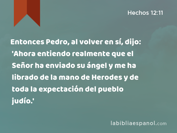 Entonces Pedro, al volver en sí, dijo: 'Ahora entiendo realmente que el Señor ha enviado su ángel y me ha librado de la mano de Herodes y de toda la expectación del pueblo judío.' - Hechos 12:11