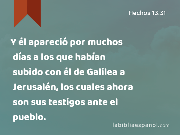 Y él apareció por muchos días a los que habían subido con él de Galilea a Jerusalén, los cuales ahora son sus testigos ante el pueblo. - Hechos 13:31