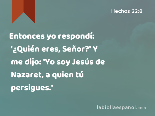 Entonces yo respondí: '¿Quién eres, Señor?' Y me dijo: 'Yo soy Jesús de Nazaret, a quien tú persigues.' - Hechos 22:8