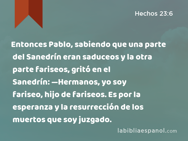 Entonces Pablo, sabiendo que una parte del Sanedrín eran saduceos y la otra parte fariseos, gritó en el Sanedrín: —Hermanos, yo soy fariseo, hijo de fariseos. Es por la esperanza y la resurrección de los muertos que soy juzgado. - Hechos 23:6