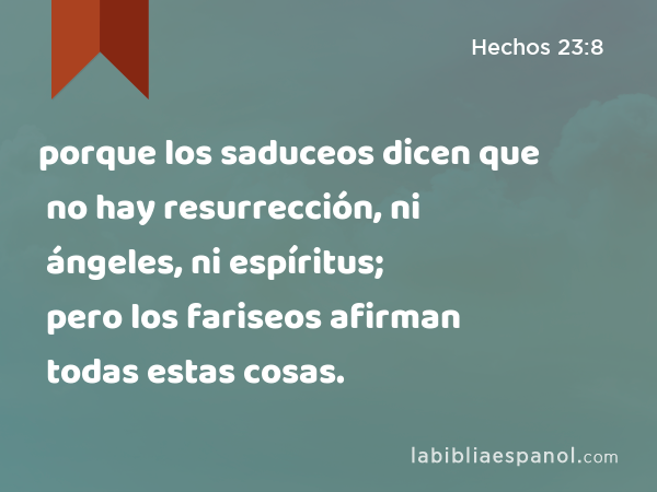 porque los saduceos dicen que no hay resurrección, ni ángeles, ni espíritus; pero los fariseos afirman todas estas cosas. - Hechos 23:8