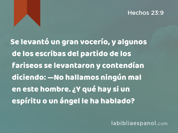 Se levantó un gran vocerío, y algunos de los escribas del partido de los fariseos se levantaron y contendían diciendo: —No hallamos ningún mal en este hombre. ¿Y qué hay si un espíritu o un ángel le ha hablado? - Hechos 23:9