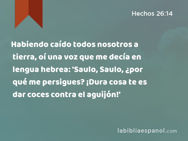 Habiendo caído todos nosotros a tierra, oí una voz que me decía en lengua hebrea: 'Saulo, Saulo, ¿por qué me persigues? ¡Dura cosa te es dar coces contra el aguijón!' - Hechos 26:14