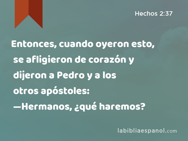 Entonces, cuando oyeron esto, se afligieron de corazón y dijeron a Pedro y a los otros apóstoles: —Hermanos, ¿qué haremos? - Hechos 2:37