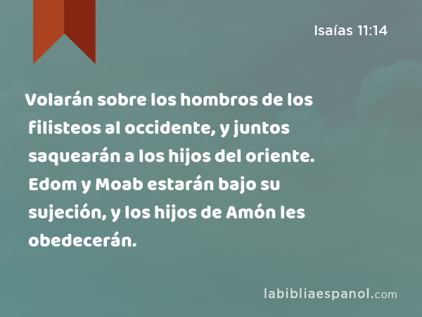 Volarán sobre los hombros de los filisteos al occidente, y juntos saquearán a los hijos del oriente. Edom y Moab estarán bajo su sujeción, y los hijos de Amón les obedecerán. - Isaías 11:14