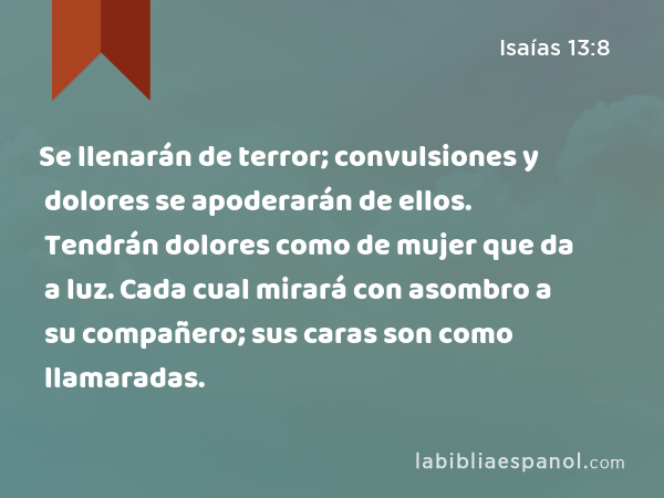 Se llenarán de terror; convulsiones y dolores se apoderarán de ellos. Tendrán dolores como de mujer que da a luz. Cada cual mirará con asombro a su compañero; sus caras son como llamaradas. - Isaías 13:8