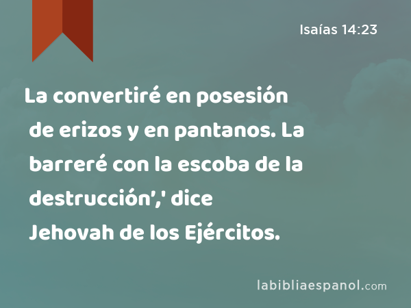 La convertiré en posesión de erizos y en pantanos. La barreré con la escoba de la destrucción’,' dice Jehovah de los Ejércitos. - Isaías 14:23