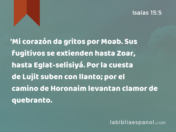 'Mi corazón da gritos por Moab. Sus fugitivos se extienden hasta Zoar, hasta Eglat-selisiyá. Por la cuesta de Lujit suben con llanto; por el camino de Horonaim levantan clamor de quebranto. - Isaías 15:5