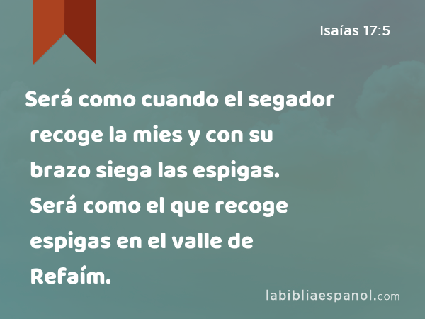 Será como cuando el segador recoge la mies y con su brazo siega las espigas. Será como el que recoge espigas en el valle de Refaím. - Isaías 17:5