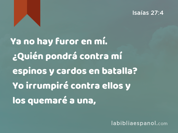 Ya no hay furor en mí. ¿Quién pondrá contra mí espinos y cardos en batalla? Yo irrumpiré contra ellos y los quemaré a una, - Isaías 27:4