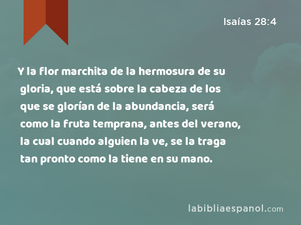 Y la flor marchita de la hermosura de su gloria, que está sobre la cabeza de los que se glorían de la abundancia, será como la fruta temprana, antes del verano, la cual cuando alguien la ve, se la traga tan pronto como la tiene en su mano. - Isaías 28:4