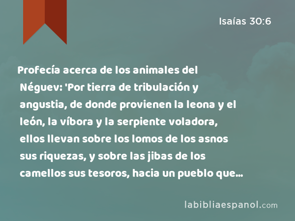 Profecía acerca de los animales del Néguev: 'Por tierra de tribulación y angustia, de donde provienen la leona y el león, la víbora y la serpiente voladora, ellos llevan sobre los lomos de los asnos sus riquezas, y sobre las jibas de los camellos sus tesoros, hacia un pueblo que no les será de provecho. - Isaías 30:6