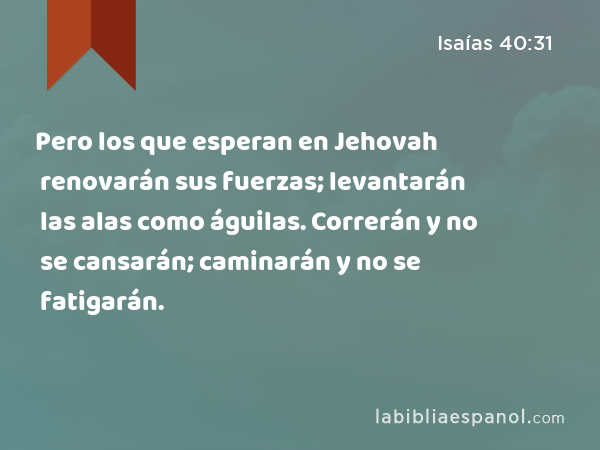 Pero los que esperan en Jehovah renovarán sus fuerzas; levantarán las alas como águilas. Correrán y no se cansarán; caminarán y no se fatigarán. - Isaías 40:31