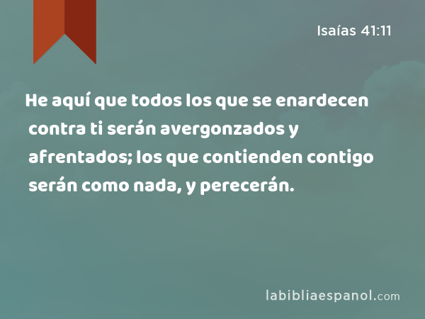 He aquí que todos los que se enardecen contra ti serán avergonzados y afrentados; los que contienden contigo serán como nada, y perecerán. - Isaías 41:11