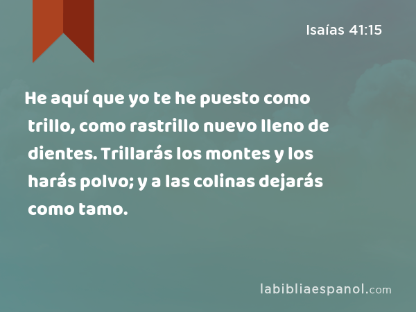 He aquí que yo te he puesto como trillo, como rastrillo nuevo lleno de dientes. Trillarás los montes y los harás polvo; y a las colinas dejarás como tamo. - Isaías 41:15