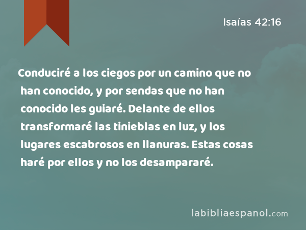 Conduciré a los ciegos por un camino que no han conocido, y por sendas que no han conocido les guiaré. Delante de ellos transformaré las tinieblas en luz, y los lugares escabrosos en llanuras. Estas cosas haré por ellos y no los desampararé. - Isaías 42:16