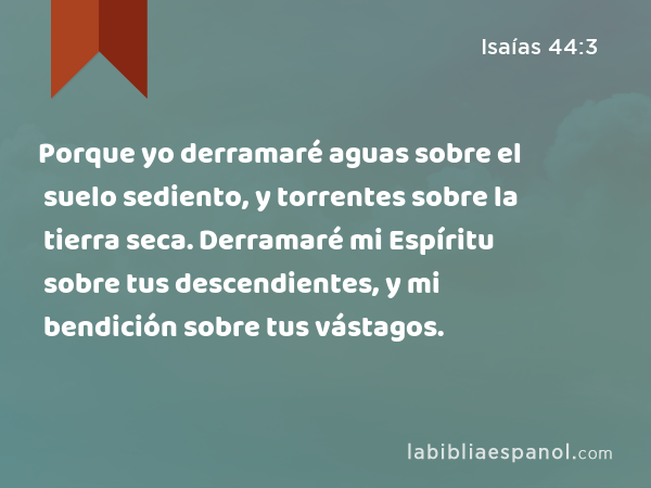 Porque yo derramaré aguas sobre el suelo sediento, y torrentes sobre la tierra seca. Derramaré mi Espíritu sobre tus descendientes, y mi bendición sobre tus vástagos. - Isaías 44:3